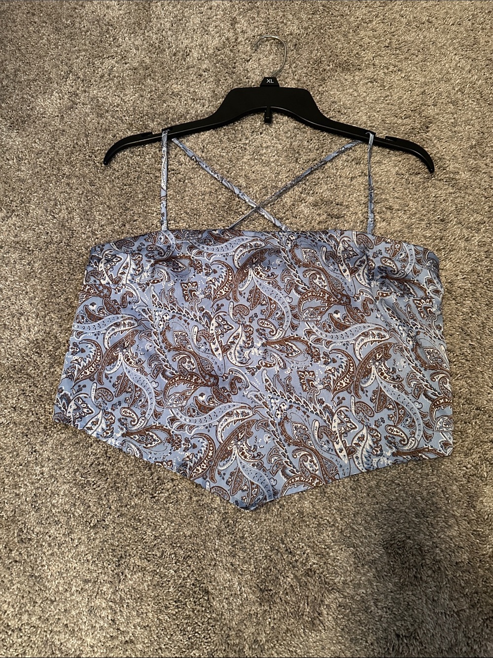 Hollister Boho Festival Blue & Brown Retro Paisley Silk Bandana Crop Top L